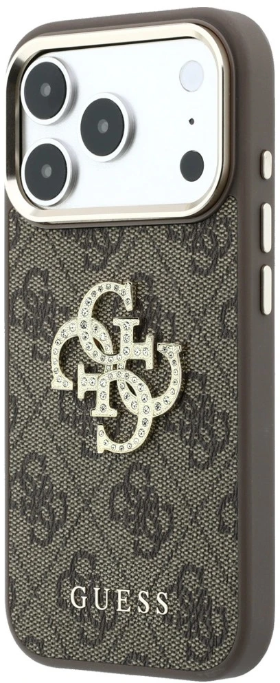 Guess PU 4G Strass Metal Logo dėklas skirtas iPhone 18 Pro rudos spalvos