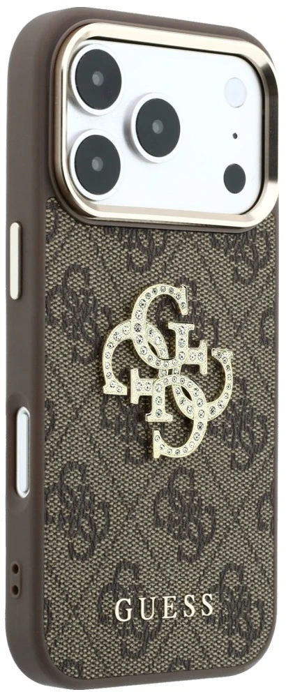 Guess PU 4G Strass Metal Logo dėklas skirtas iPhone 18 Pro rudos spalvos