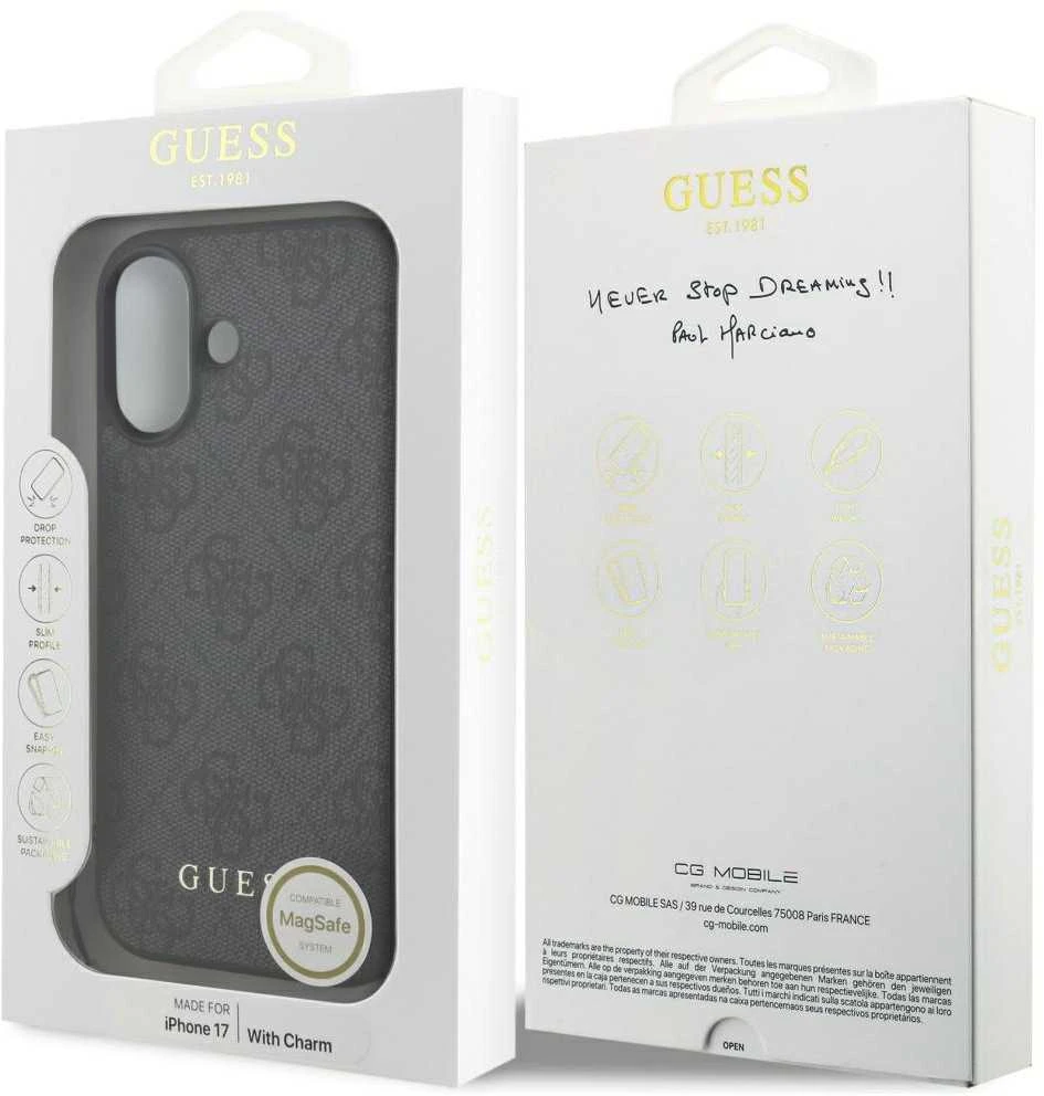 Guess 4G Charm dėklas skirtas iPhone 17 Tone on Tone pilkos spalvos