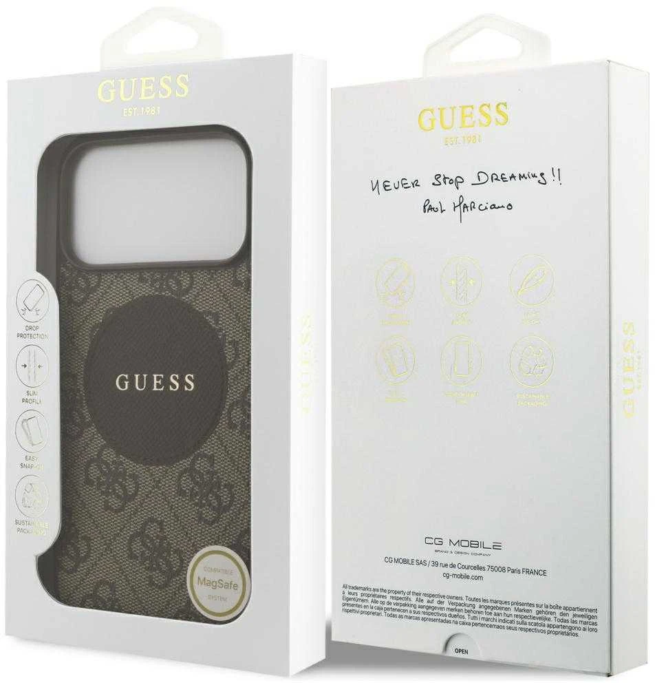 Original dėklas GUESS 4G Circle Classic Logo MagSafe skirtas Apple iPhone 17 Pro Max rudos spalvos