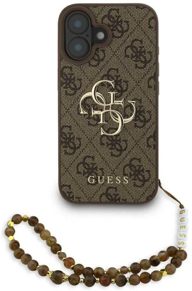 Guess PU 4G Metal Logo Strap dėklas skirtas Apple iPhone 16 rudos spalvos