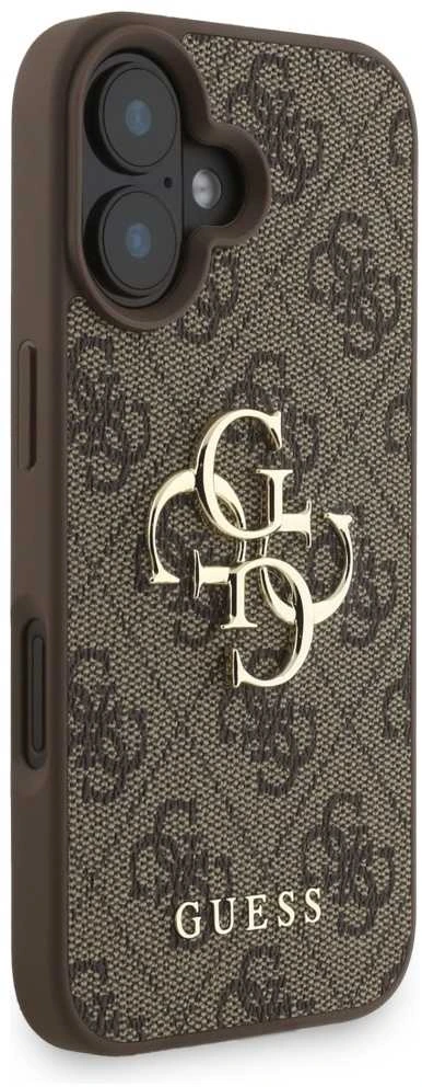 Guess PU 4G Metal Logo Strap dėklas skirtas Apple iPhone 16 rudos spalvos