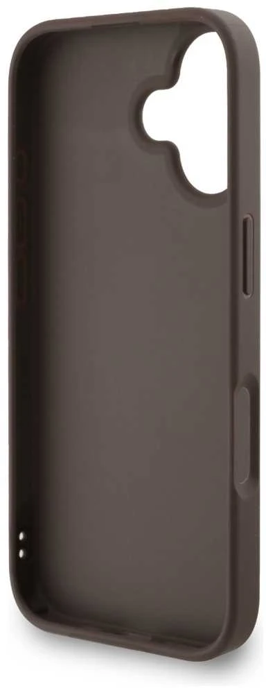 Guess PU 4G Metal Logo Strap dėklas skirtas Apple iPhone 16 rudos spalvos