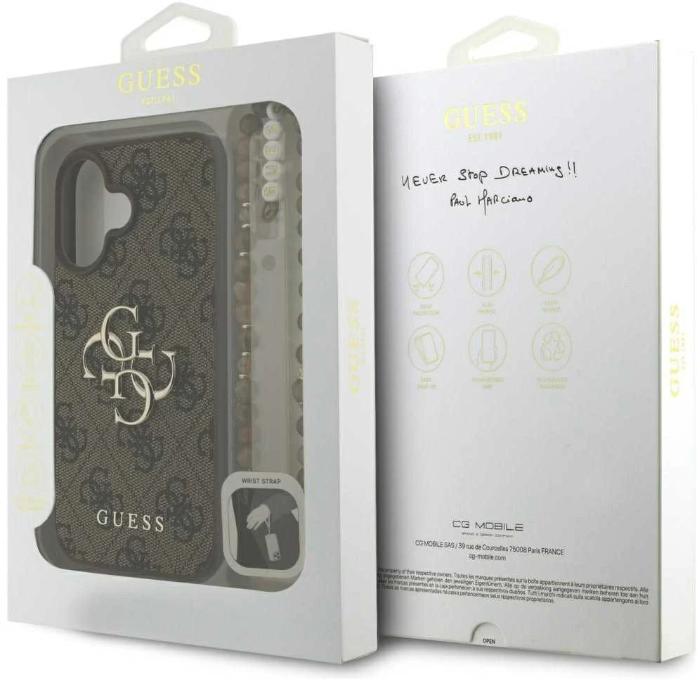 Guess PU 4G Metal Logo Strap dėklas skirtas Apple iPhone 16 rudos spalvos