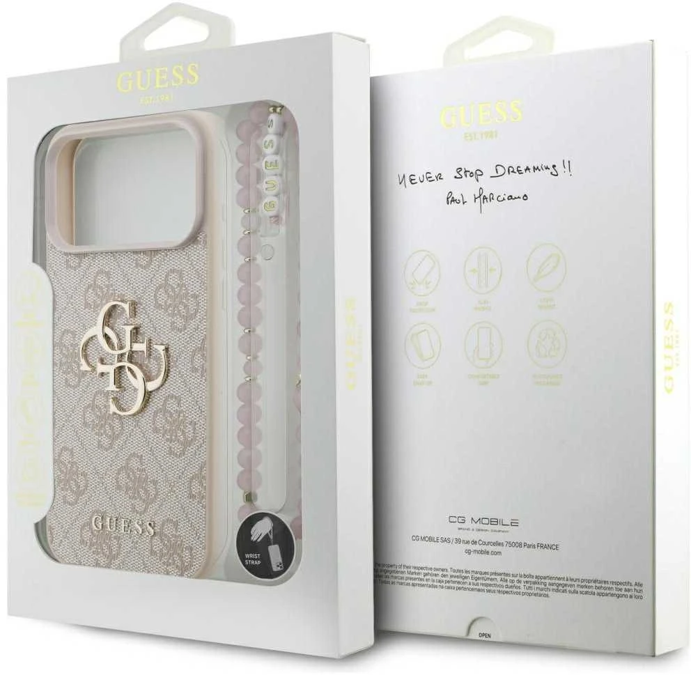 Guess 4G Strap 4G Classic Logo dėklas skirtas Apple iPhone 17 Pro Max rožinės spalvos