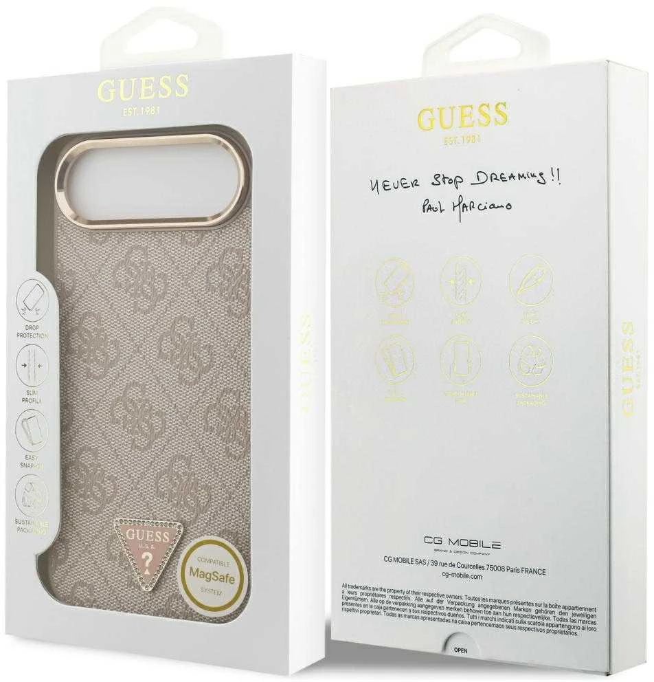 Guess PU Leather 4G Strass Triangle Logo Gold Frame MagSafe dėklas skirtas Apple iPhone Air rožinės spalvos