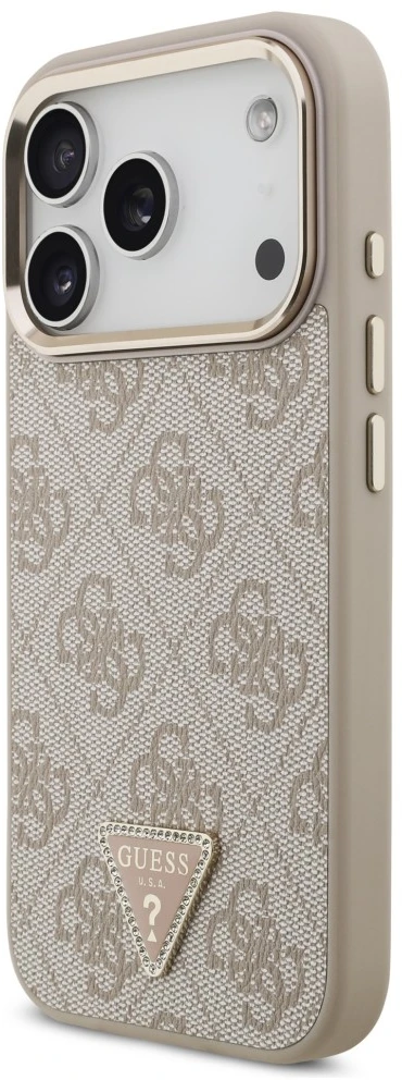 Guess PU odos 4G Strass trikampio logotipo auksinio rėmelio MagSafe dėklas iPhone 18 Pro rožinės spalvos