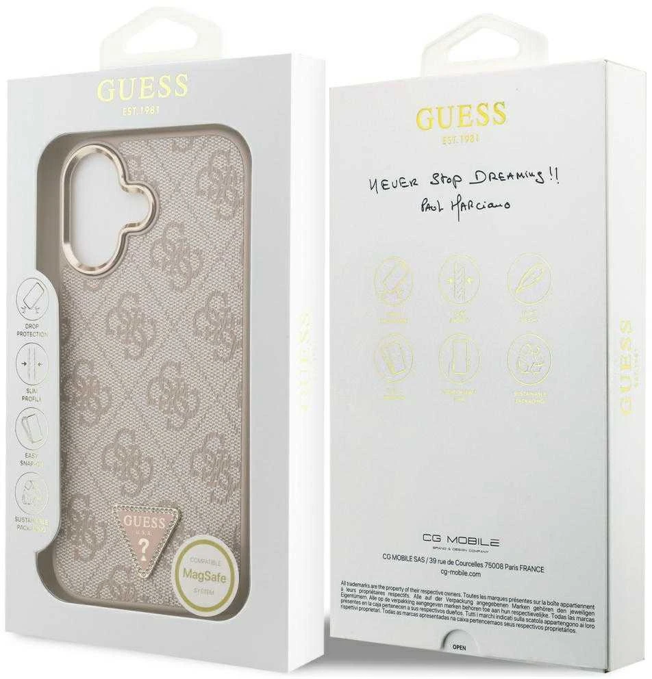 Guess PU Leather 4G Strass Triangle Logo Gold Frame MagSafe dėklas skirtas Apple iPhone 17 rožinės spalvos