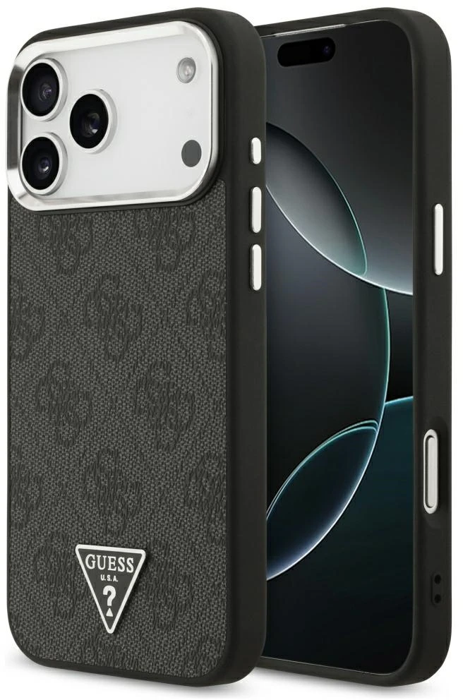 Dėklas Guess 4G Triangle Logo MagSafe Case, skirtas iPhone 17 Pro Max / 18 Pro Max - Juodos ir Sidabrinės spalvos
