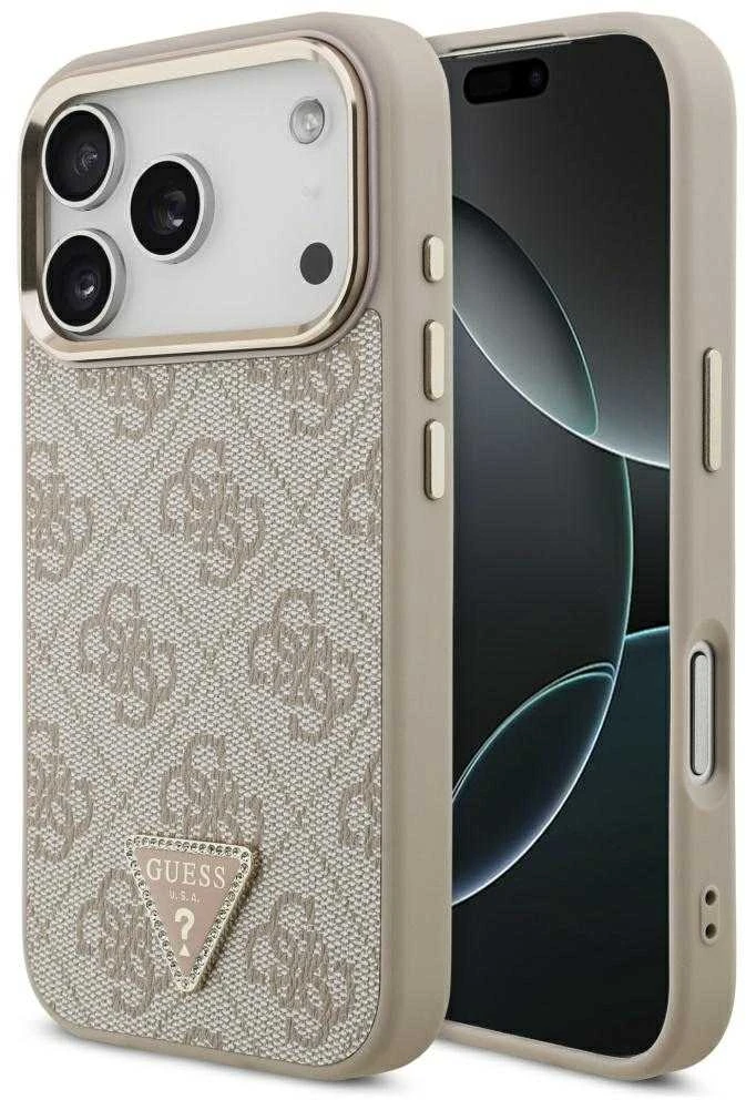 Guess PU Leather 4G Strass Triangle Logo Gold Frame MagSafe dėklas skirtas Apple iPhone 17 Pro rožinės spalvos