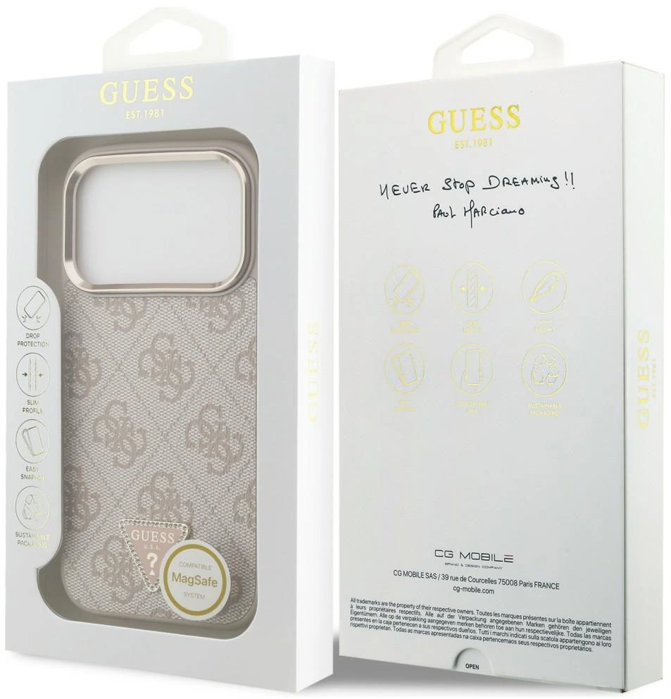Guess PU odos 4G Strass trikampio logotipo auksinio rėmelio MagSafe dėklas iPhone 18 Pro rožinės spalvos