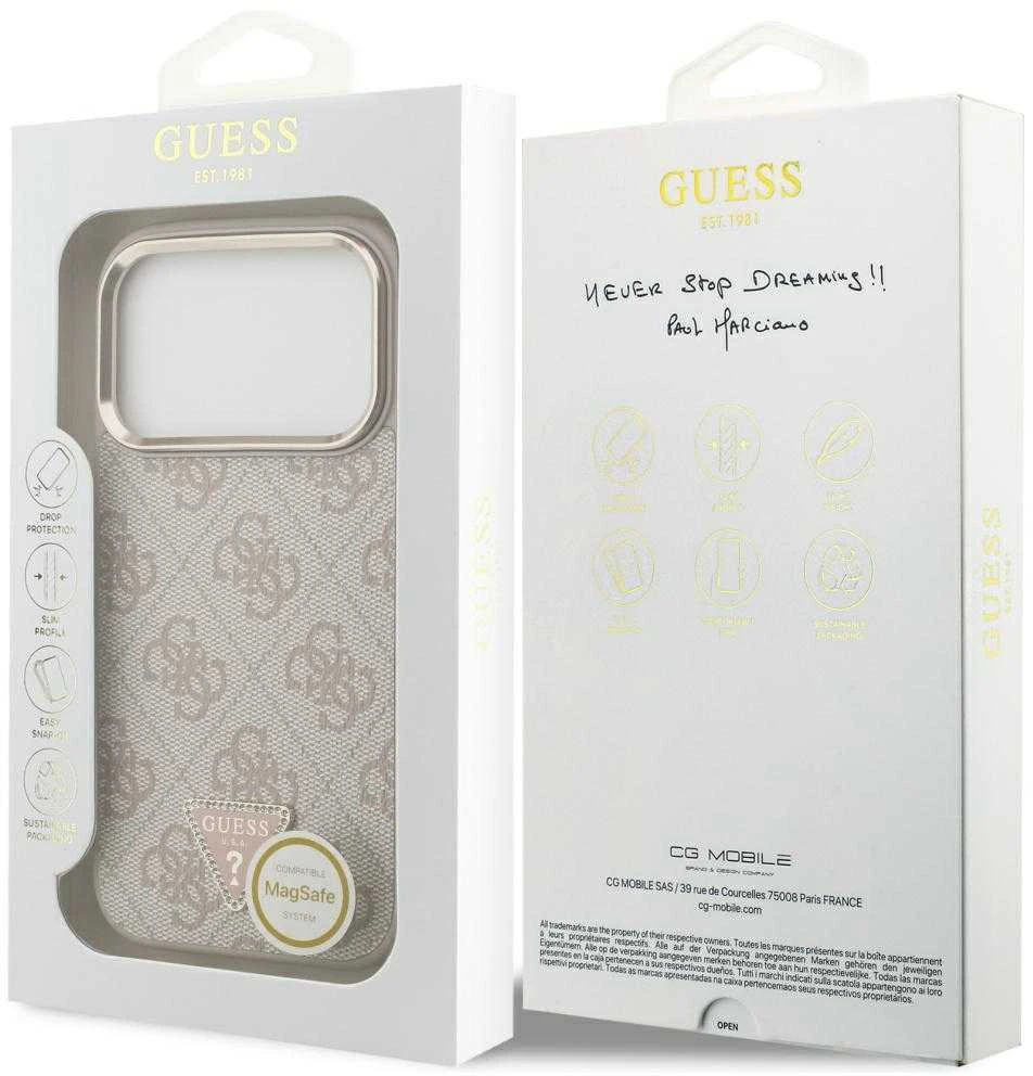 Guess PU Leather 4G Strass Triangle Logo Gold Frame MagSafe dėklas skirtas Apple iPhone 17 Pro rožinės spalvos