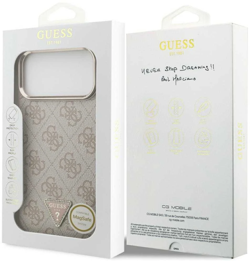 Guess PU Leather 4G Triangle Logo Gold Frame MagSafe dėklas skirtas Apple iPhone 17 Pro Max rožinės spalvos