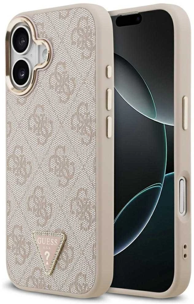 Guess PU Leather 4G Strass Triangle Logo Gold Frame MagSafe dėklas skirtas Apple iPhone 17 rožinės spalvos