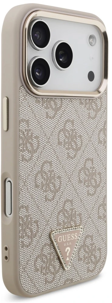 Guess PU odos 4G Strass trikampio logotipo auksinio rėmelio MagSafe dėklas iPhone 18 Pro rožinės spalvos