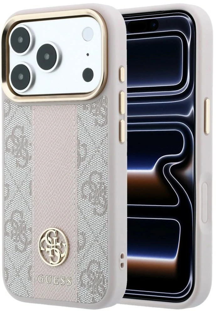 Guess 4G su juostelėmis ir klasikiniais logotipais, MagSafe dėklas, skirtas iPhone 17 Pro Max / 18 Pro Max – rožinė