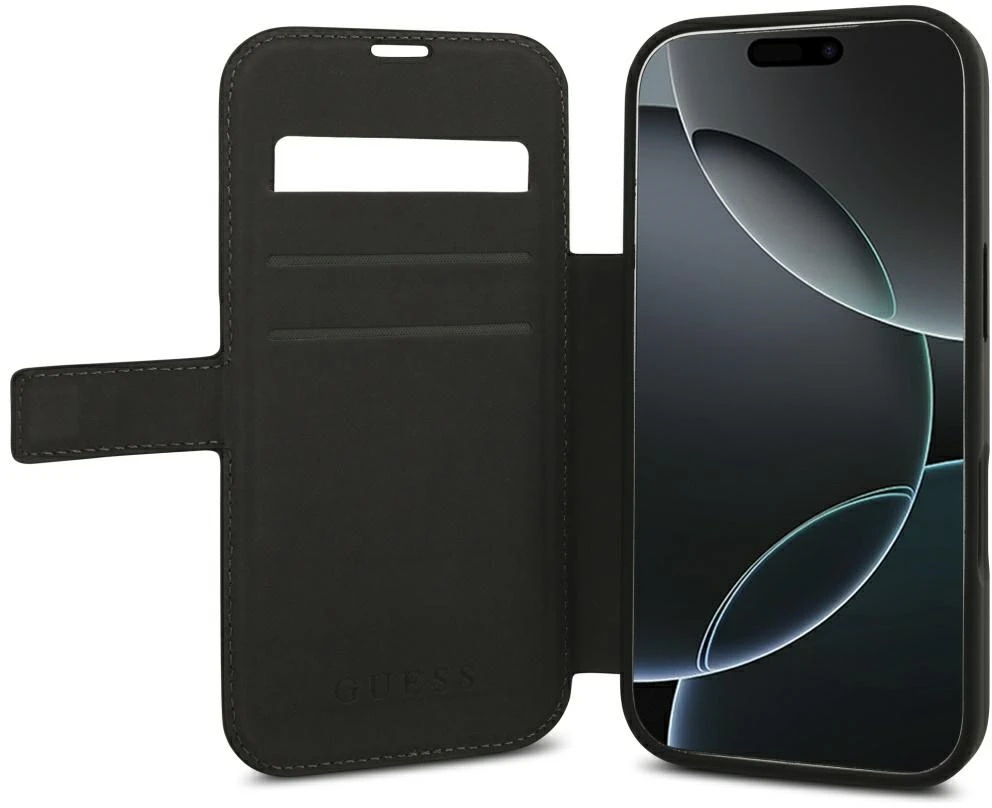 Dėklas Guess Book 4G Metal Logo Case, skirta iPhone 18 Pro / 17 Pro – Juoda