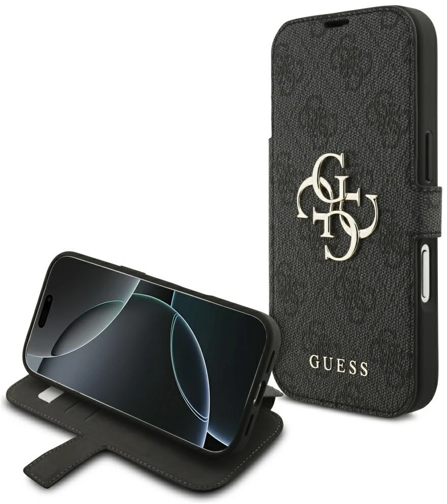 Dėklas Guess Book 4G Metal Logo Case, skirta iPhone 18 Pro / 17 Pro – Juoda
