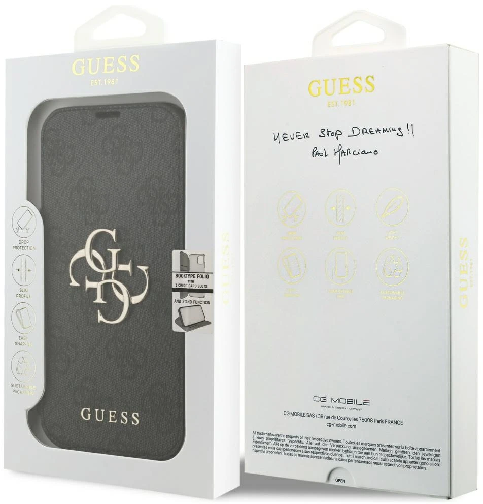 Dėklas Guess Book 4G Metal Logo Case, skirta iPhone 18 Pro / 17 Pro – Juoda