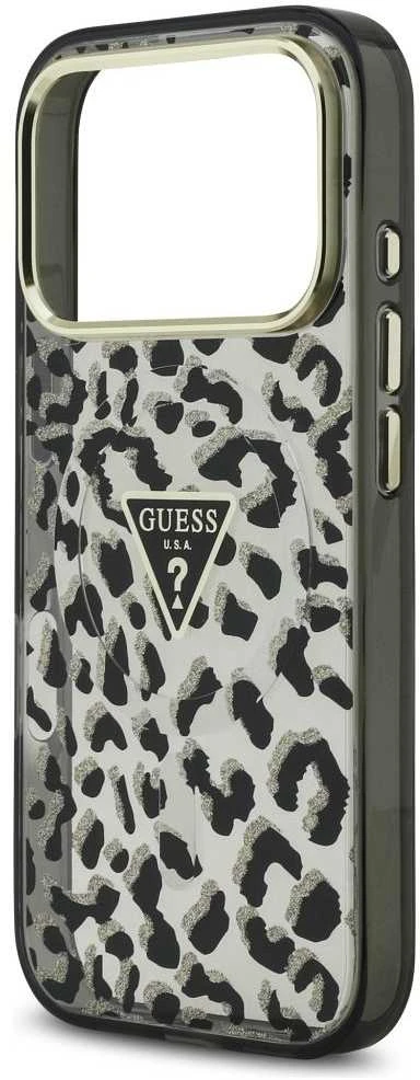 GUESS dėklas, skirtas IPHONE 17 Pro, suderinamas su MagSafe GUHMP17LHLEGTGLK (PC TPU su leopardo rašto blizgučiais), juodas