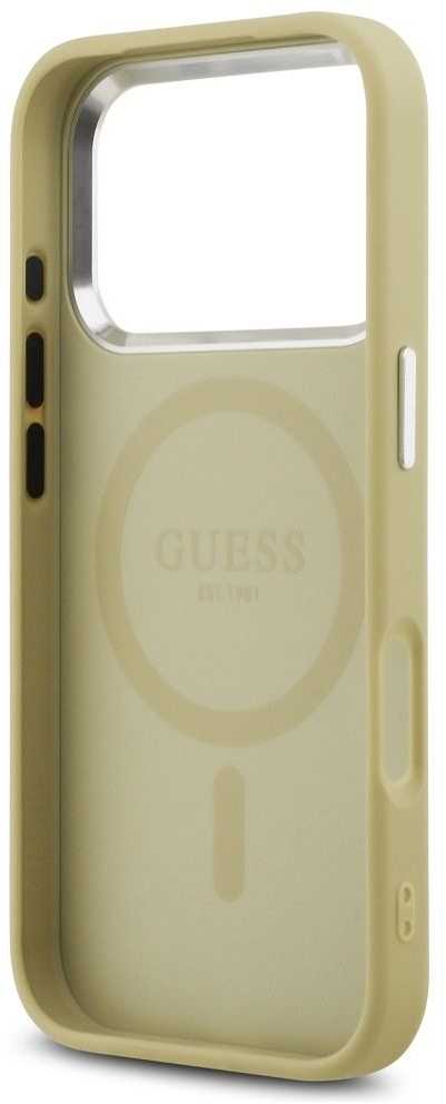 Dėklas „Guess“ blizgantis trikampio formos logotipas su „MagSafe“ dėklu, skirtu „iPhone 17 Pro“ – auksinis