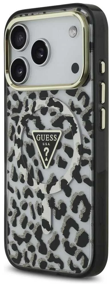 GUESS dėklas, skirtas IPHONE 17 Pro, suderinamas su MagSafe GUHMP17LHLEGTGLK (PC TPU su leopardo rašto blizgučiais), juodas