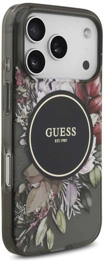 Guess IML Flowers Strap MagSafe dėklas skirtas Apple iPhone 17 Pro juodos spalvos