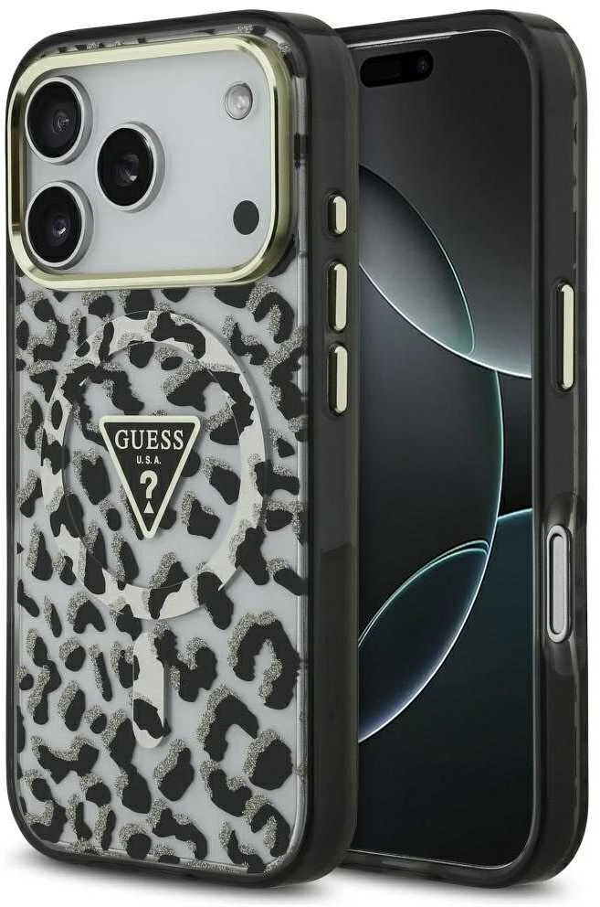 GUESS dėklas, skirtas IPHONE 17 Pro, suderinamas su MagSafe GUHMP17LHLEGTGLK (PC TPU su leopardo rašto blizgučiais), juodas