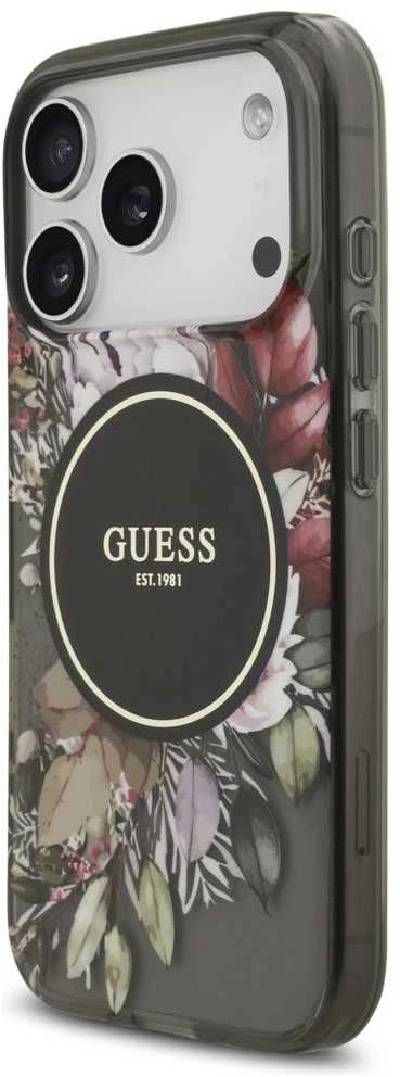 Guess IML Flowers Strap MagSafe dėklas skirtas Apple iPhone 17 Pro juodos spalvos