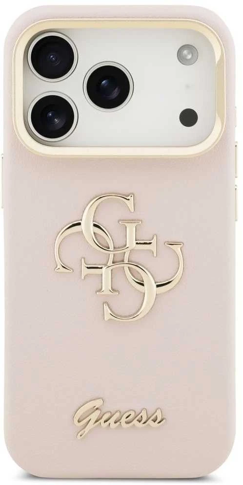 Guess PU Grained 4G Logo Stand Camera Frame dėklas skirtas Apple iPhone 17 Pro rožinės spalvos