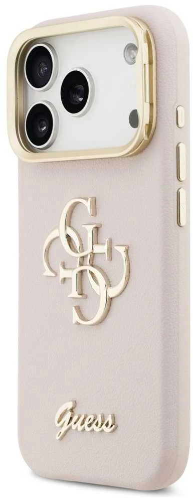 Guess PU Grained 4G Logo Stand Camera Frame dėklas skirtas Apple iPhone 17 Pro rožinės spalvos