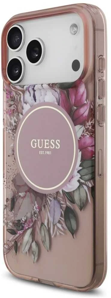 Guess IML Flowers Strap MagSafe dėklas skirtas Apple iPhone 17 Pro Max rožinės spalvos