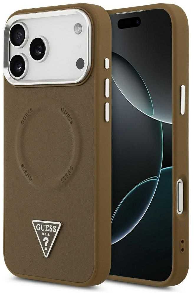 GUESS dėklas, skirtas IPHONE 17 Pro Max, suderinamas su MagSafe GUHMP17XPSDTSCMW (PU su trikampio logotipu), rudas