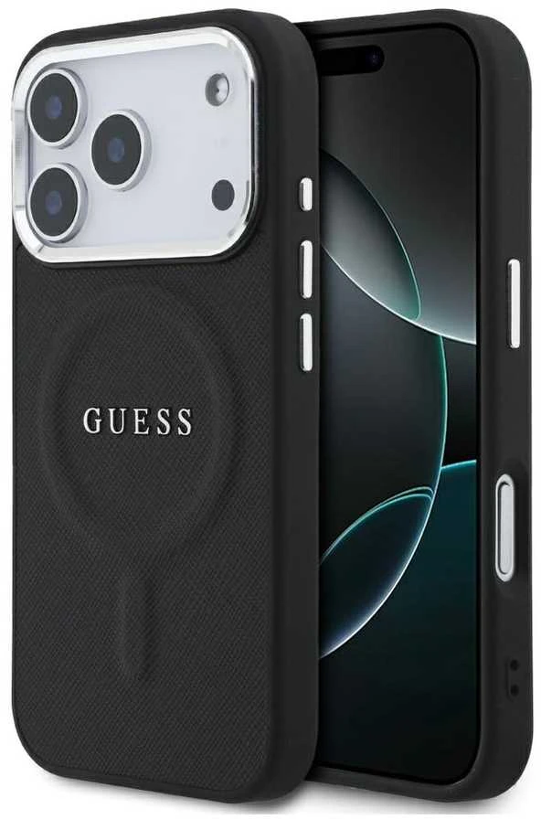 Guess PU Saffiano MagSafe dėklas skirtas Apple iPhone 17 Pro juodos spalvos