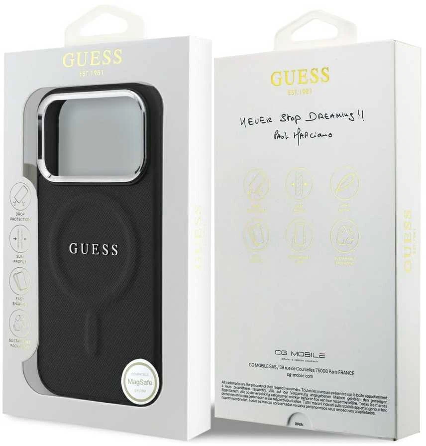 Guess PU Saffiano MagSafe dėklas skirtas Apple iPhone 17 Pro juodos spalvos