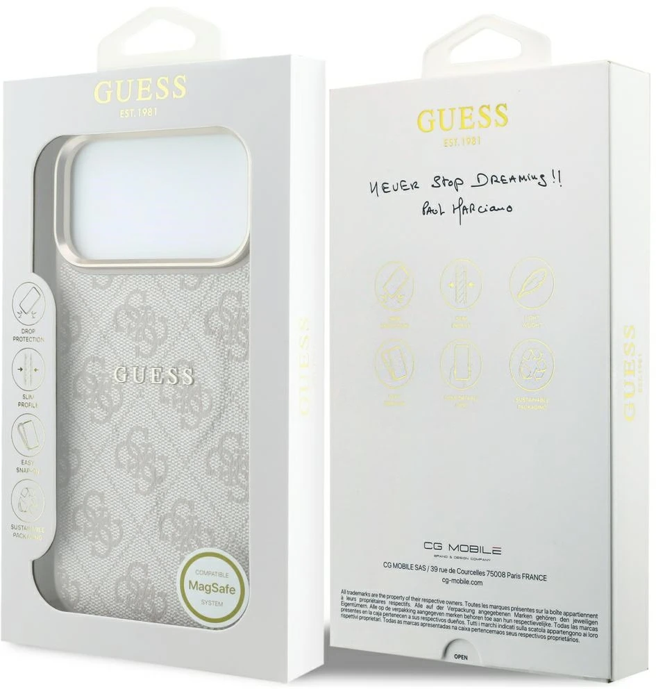Guess Embossed 4G Classic MagSafe dėklas, skirtas iPhone 18 Pro / iPhone 17 Pro, rožinės spalvos