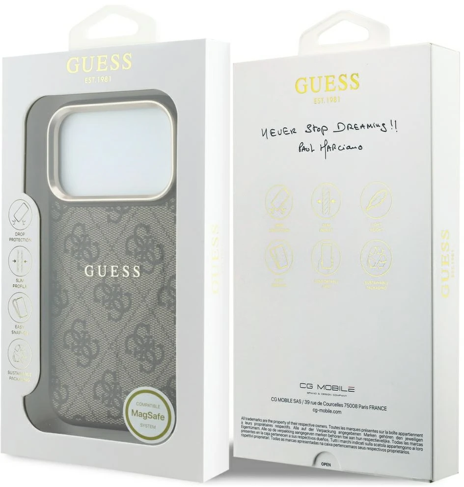 Guess Embossed 4G Classic MagSafe dėklas skirtas iPhone 18 Pro Max / iPhone 17 Pro Max ruda