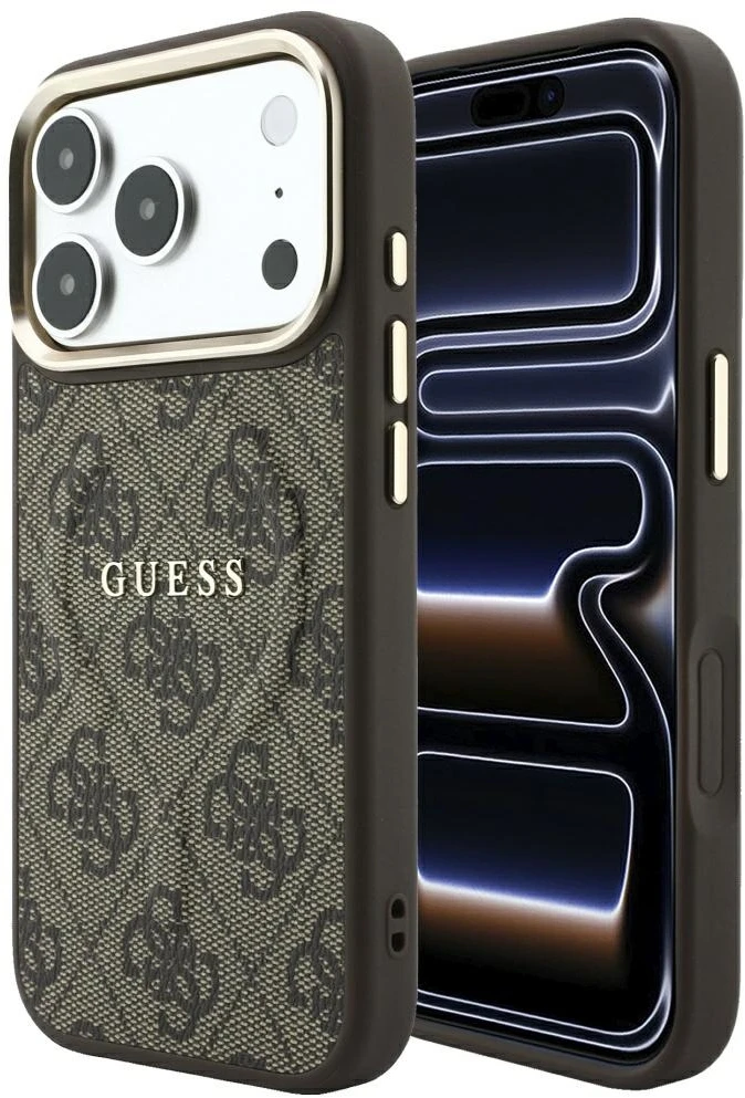 Guess Embossed 4G Classic MagSafe dėklas, skirtas iPhone 18 Pro / iPhone 17 Pro, ruda