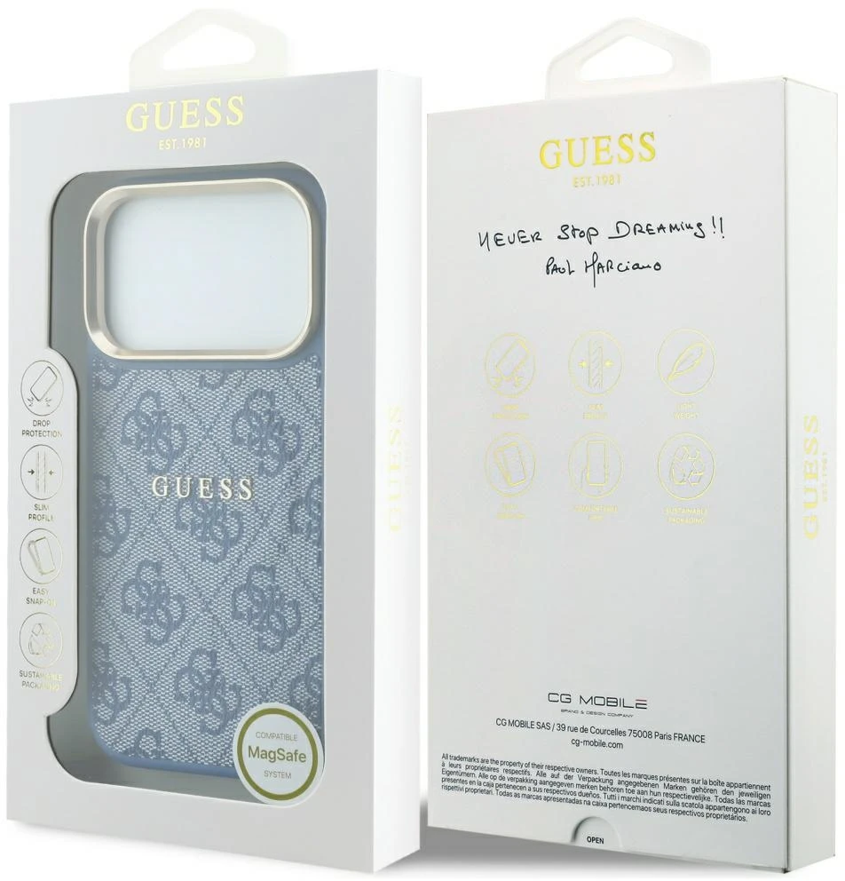 Guess Embossed 4G Classic MagSafe dėklas skirtas iPhone 18 Pro Max / iPhone 17 Pro Max mėlynas