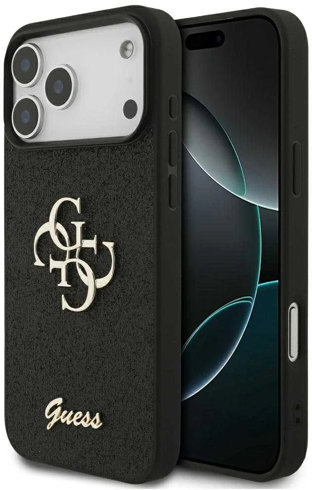 Guess PU Fixed Glitter 4G Metal Logo dėklas skirtas Apple iPhone 17 Pro Max juodos spalvos