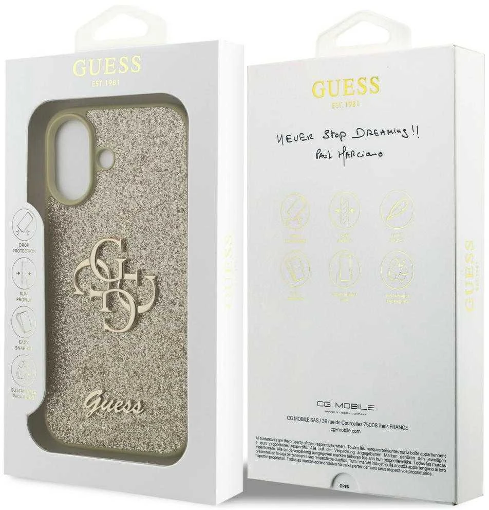 Dėklas Guess Fixed Glitter Big 4G skirtas Apple iPhone 17 aukso spalvos