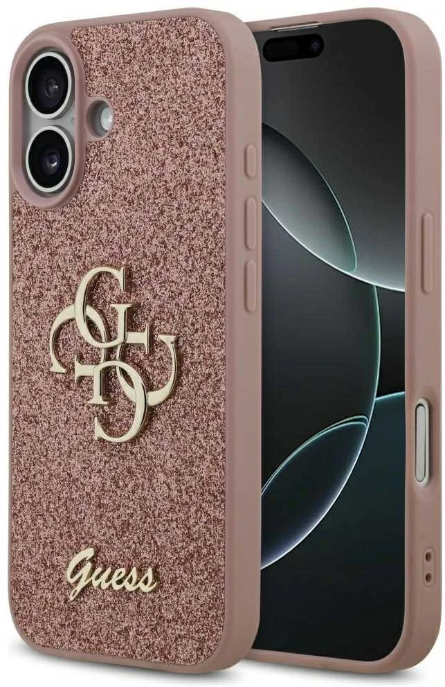 Guess PU Fixed Glitter 4G Metal Logo dėklas skirtas Apple iPhone 17 rožinės spalvos