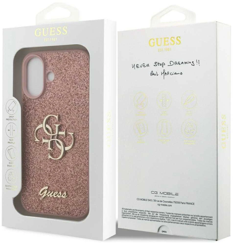 Guess PU Fixed Glitter 4G Metal Logo dėklas skirtas Apple iPhone 17 rožinės spalvos