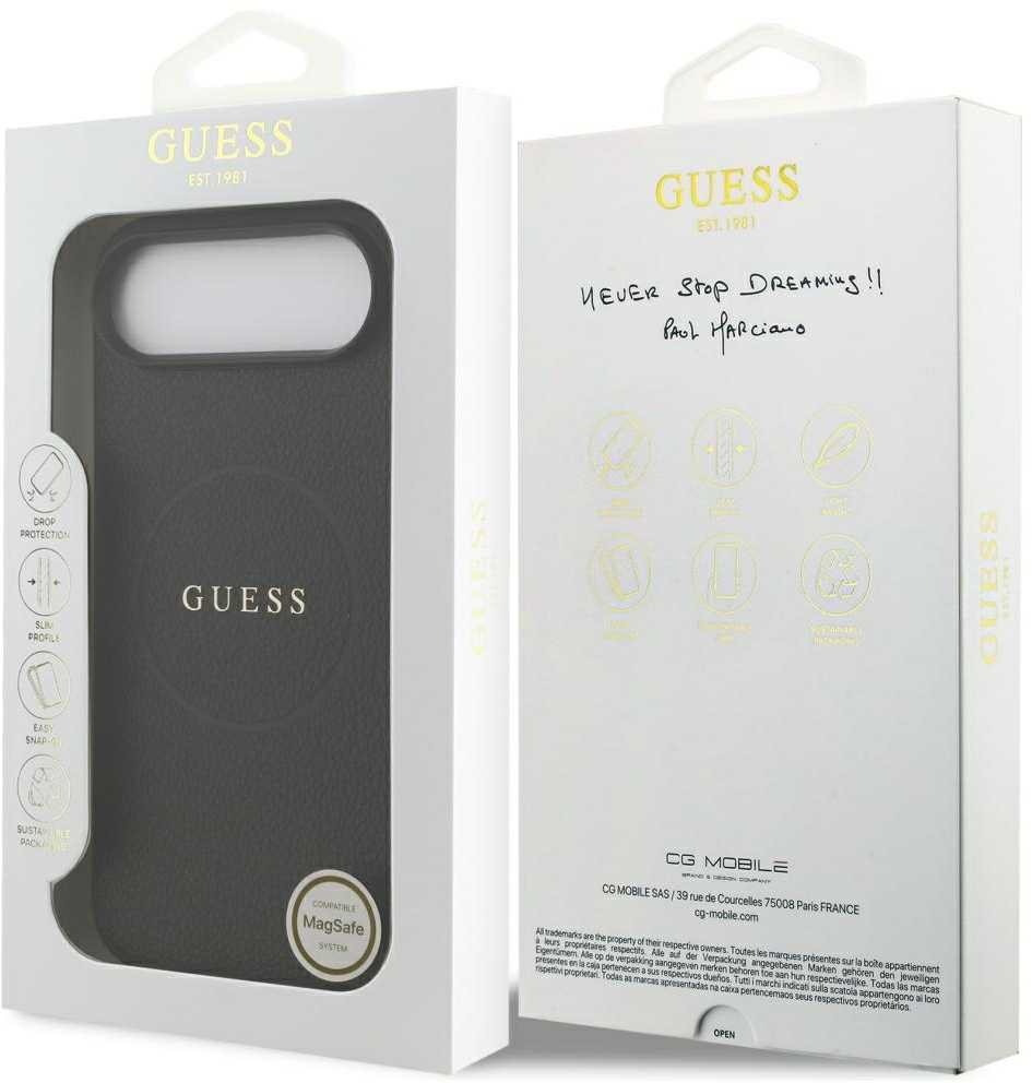 „Guess“ grūdėto žiedo formos „MagSafe“ dėklas, skirtas „iPhone 17 Air“ – juodas