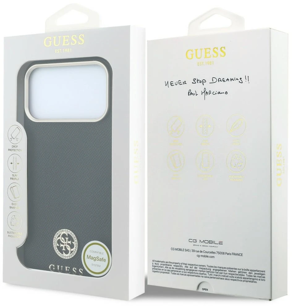 Dėklas Guess Grained Round Strass Logo MagSafe Case for iPhone 18 Pro / 17 Pro - Juodas