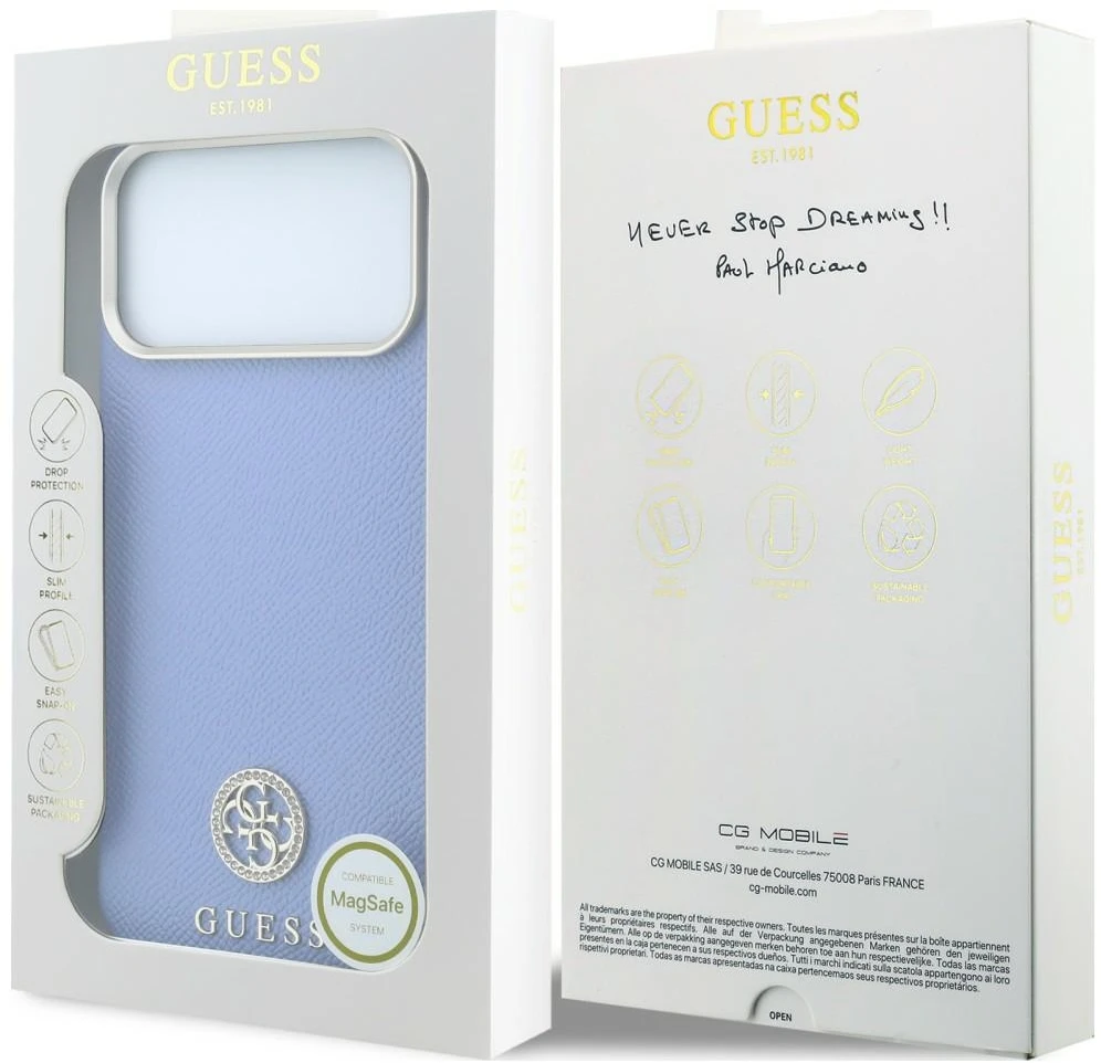 Guess Grained Round Strass Logo MagSafe dėklas, skirtas iPhone 18 Pro Max / 17 Pro Max, mėlynas