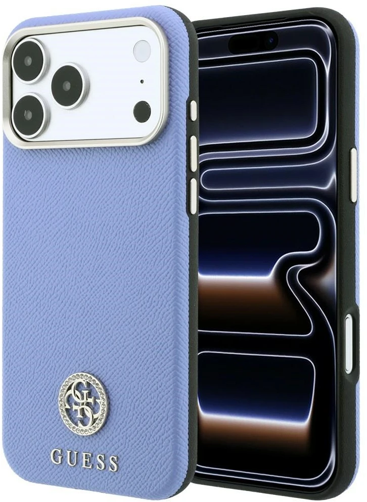 Guess Grained Round Strass Logo MagSafe dėklas, skirtas iPhone 18 Pro Max / 17 Pro Max, mėlynas