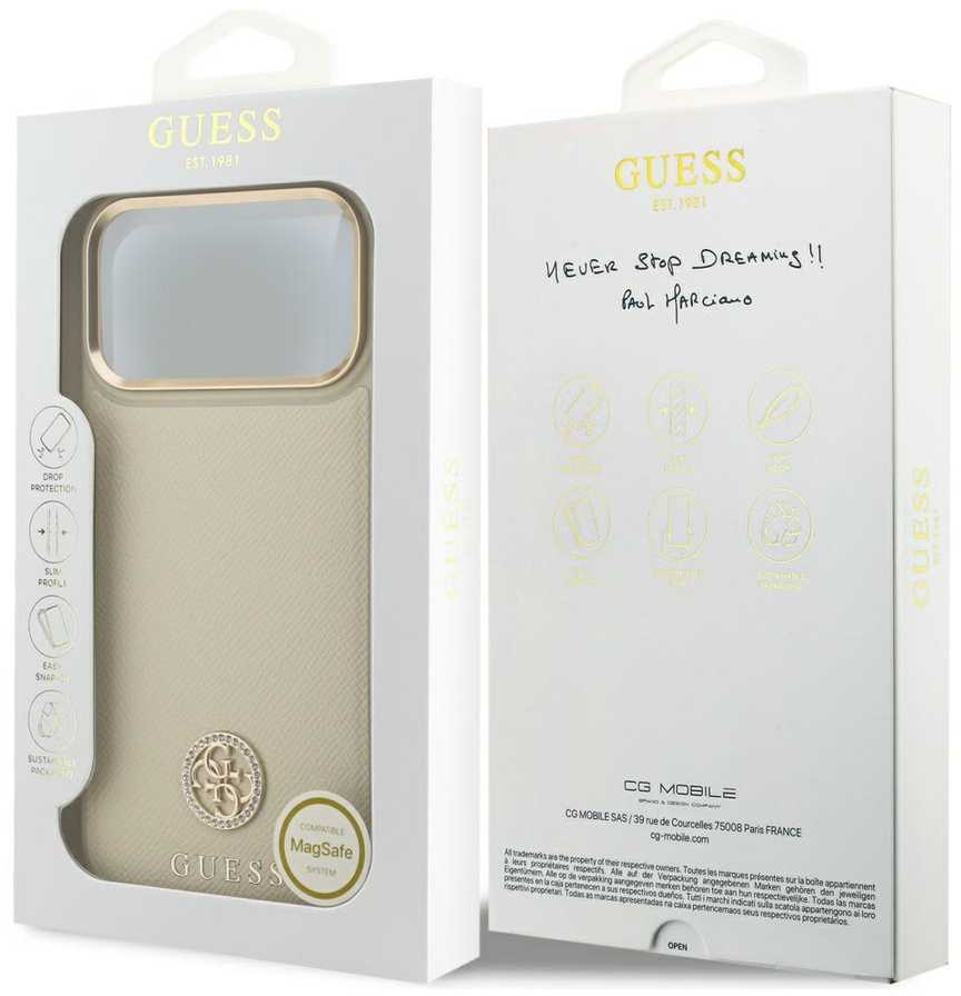 Dėklas Guess Grained Strass Logo MagSafe Apple iPhone 17 Pro Max smėlio spalvos