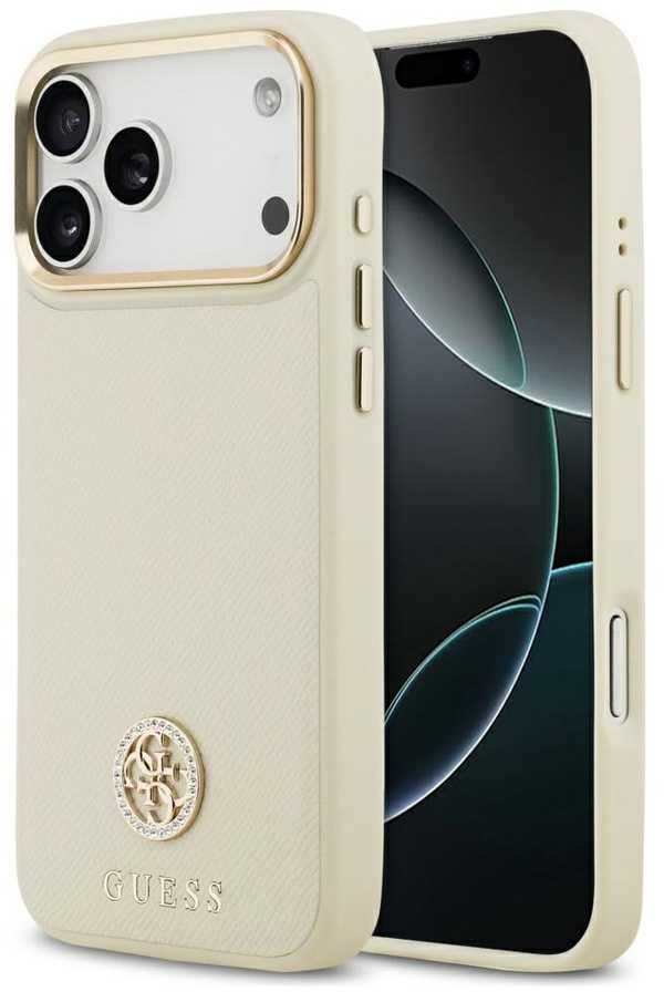 Dėklas Guess Grained Strass Logo MagSafe Apple iPhone 17 Pro Max smėlio spalvos