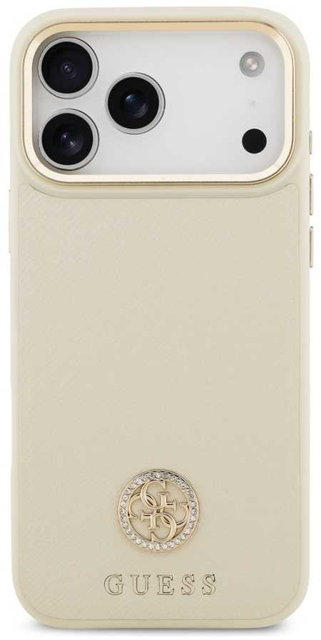 Dėklas Guess Grained Strass Logo MagSafe Apple iPhone 17 Pro Max smėlio spalvos